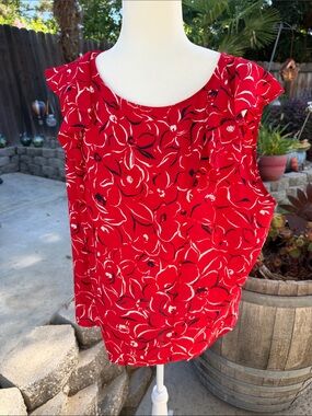 CAbi - Red Floral Ruffle Sleeve Women's Top